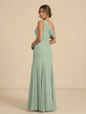 Sage Green One-Shoulder Chiffon Mermaid Evening Gown with Ruched