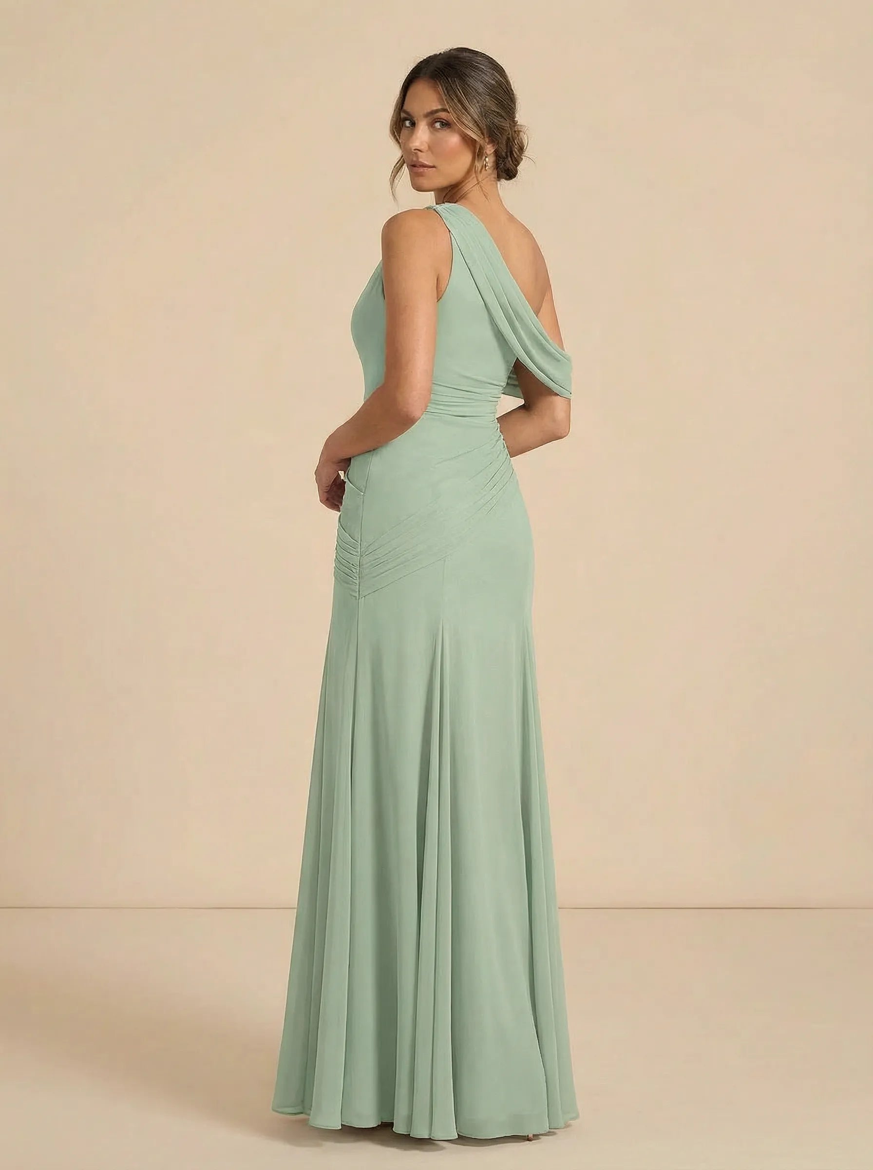 Sage Green One-Shoulder Chiffon Mermaid Evening Gown with Ruched
