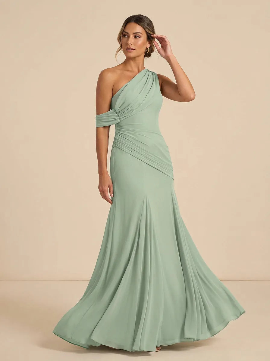 Sage Green One-Shoulder Chiffon Mermaid Evening Gown with Ruched