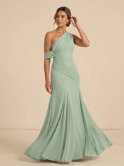 Sage Green One-Shoulder Chiffon Mermaid Evening Gown with Ruched