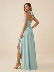 Mint Halter V-Neck Chiffon Evening Gown with Ruffle High-Low Slit
