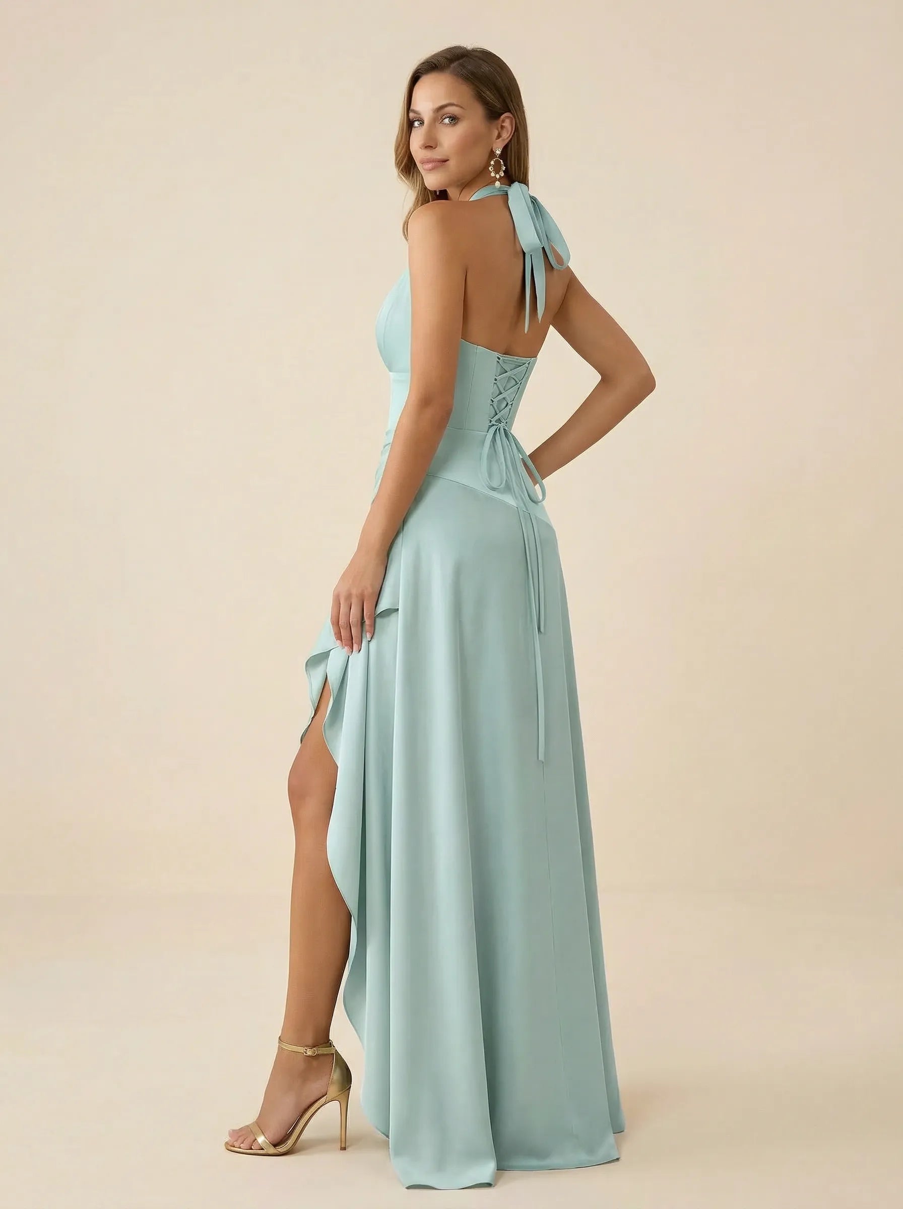 Mint Halter V-Neck Chiffon Evening Gown with Ruffle High-Low Slit