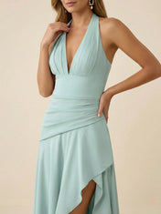 Mint Halter V-Neck Chiffon Evening Gown with Ruffle High-Low Slit