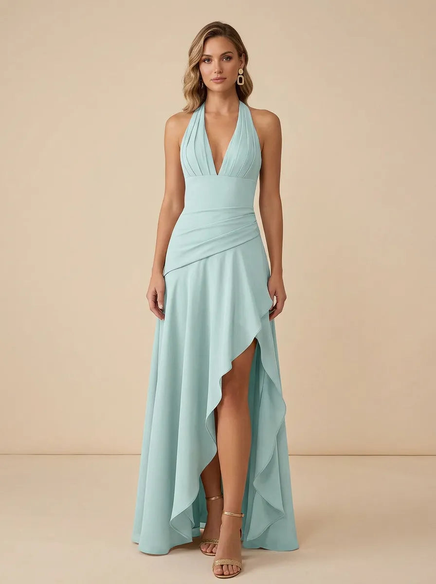 Mint Halter V-Neck Chiffon Evening Gown with Ruffle High-Low Slit