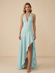 Mint Halter V-Neck Chiffon Evening Gown with Ruffle High-Low Slit