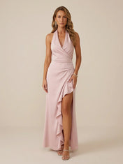Dusty Rose Halter V-Neck Crossover Satin Sheath Gown with Cascading Ruffle High Slit