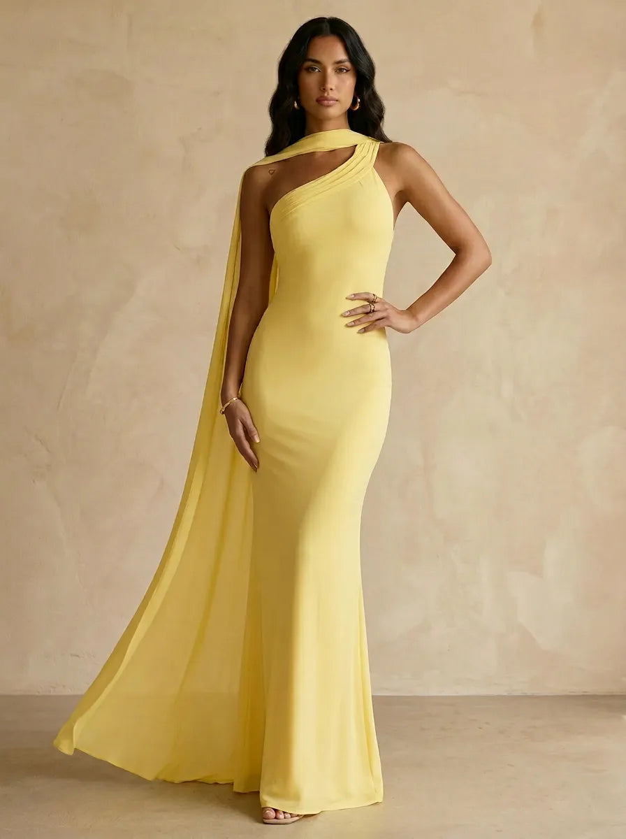 Yellow One-Shoulder Crepe Sheath Gown with Flowing Chiffon Cape Train