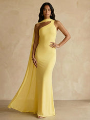 Yellow One-Shoulder Crepe Sheath Gown with Flowing Chiffon Cape Train