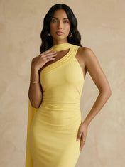 Yellow One-Shoulder Crepe Sheath Gown with Flowing Chiffon Cape Train
