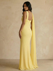 Yellow One-Shoulder Crepe Sheath Gown with Flowing Chiffon Cape Train