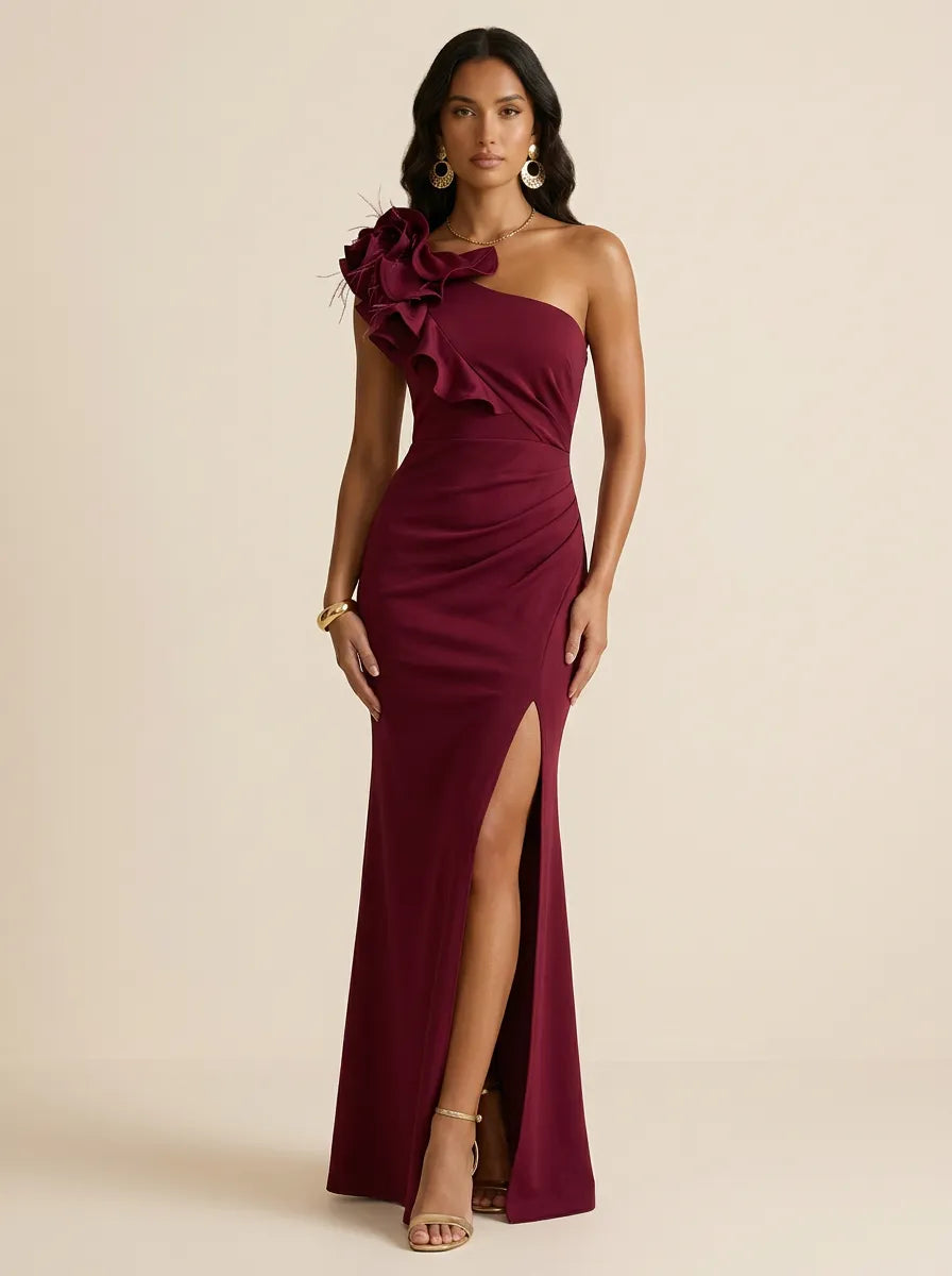 Burgundy One-Shoulder Sheath Evening Gown with Oversized Floral Feather Shoulder Detail & High Slit