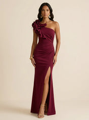 Burgundy One-Shoulder Sheath Evening Gown with Oversized Floral Feather Shoulder Detail & High Slit