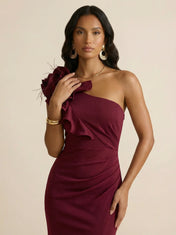 Burgundy One-Shoulder Sheath Evening Gown with Oversized Floral Feather Shoulder Detail & High Slit