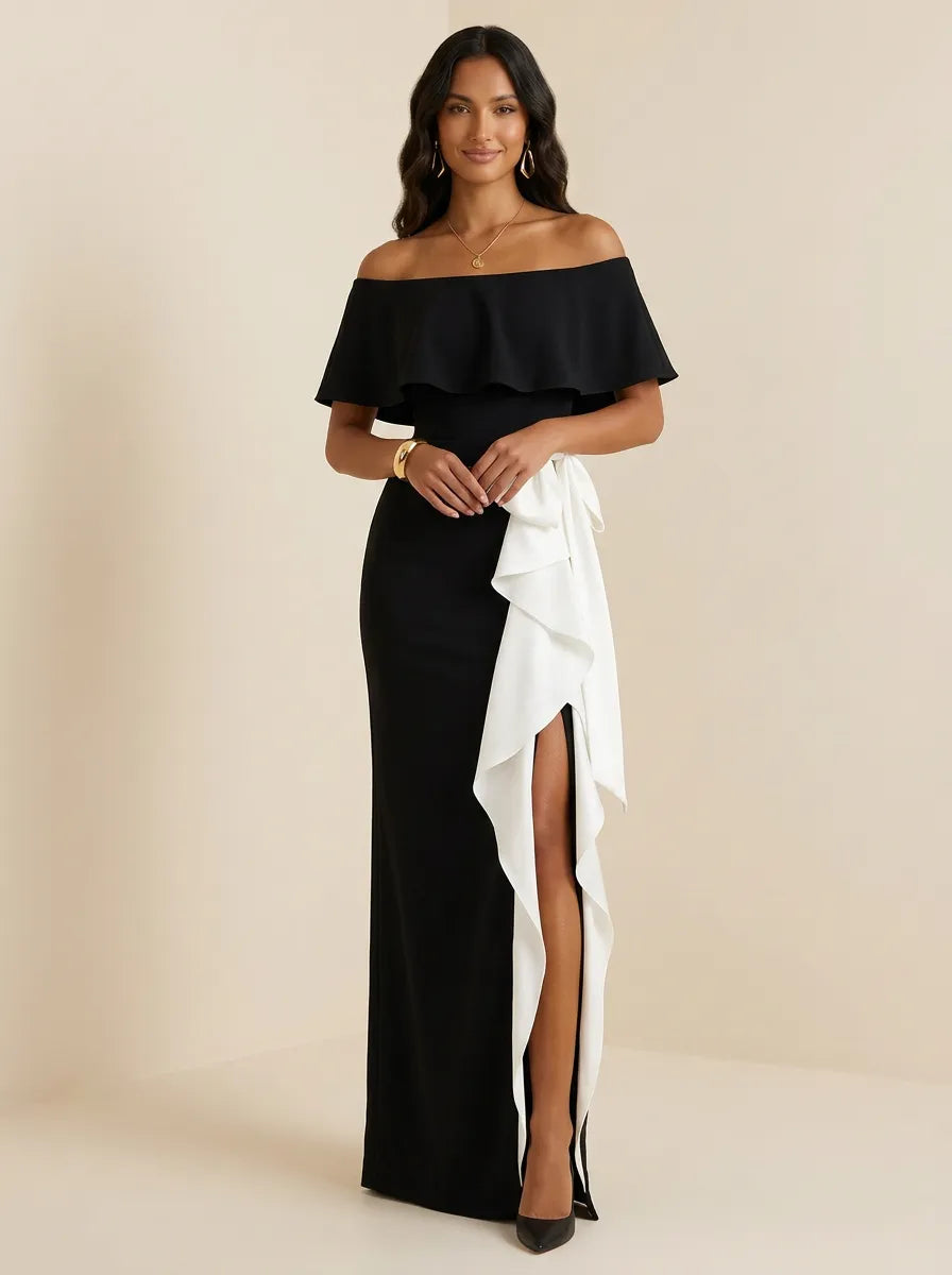 Black & White Off-Shoulder Crepe Sheath Gown with Contrast Ruffle Overlay & High Slit