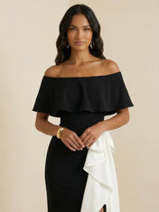 Black & White Off-Shoulder Crepe Sheath Gown with Contrast Ruffle Overlay & High Slit