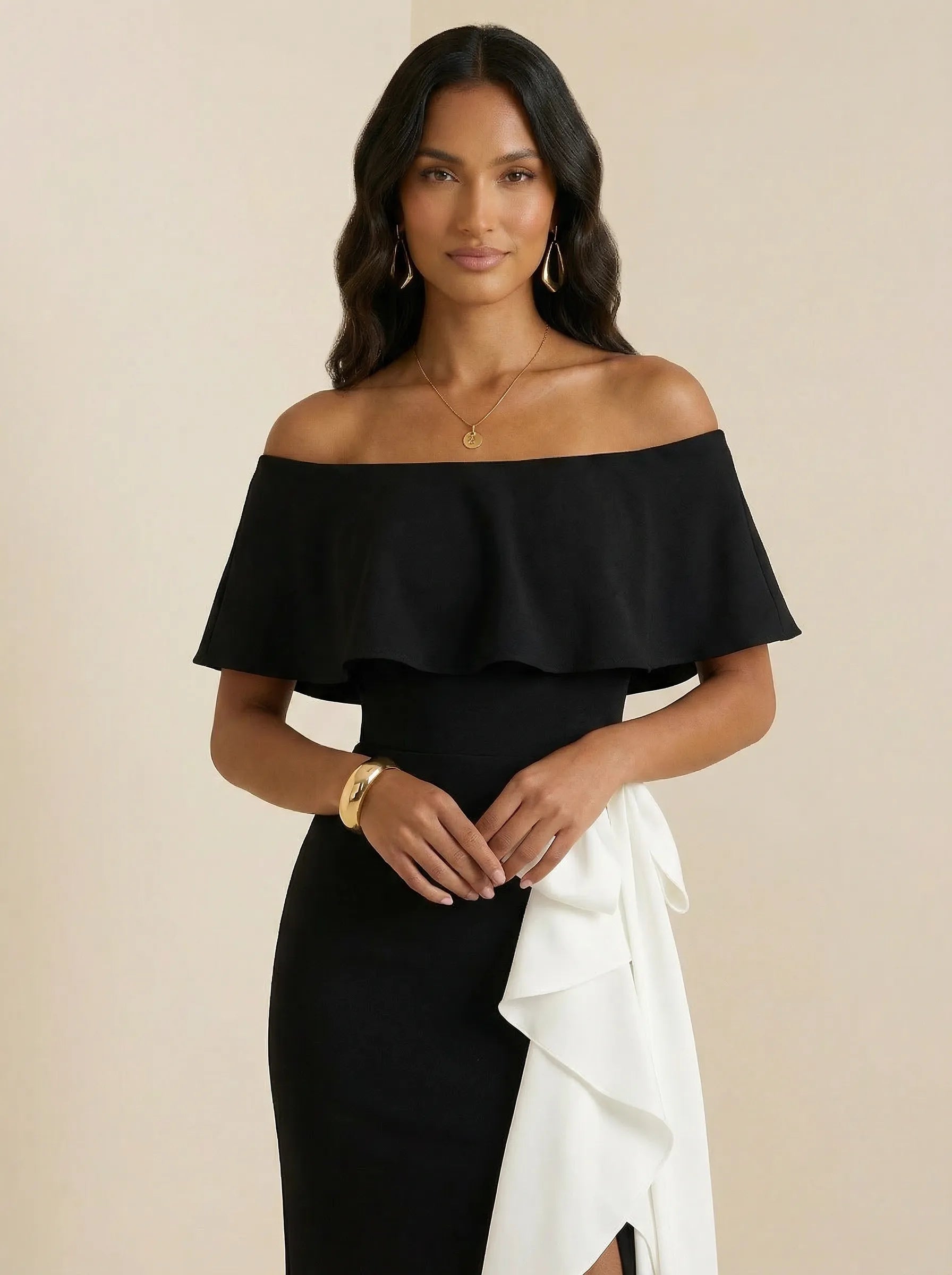 Black & White Off-Shoulder Crepe Sheath Gown with Contrast Ruffle Overlay & High Slit