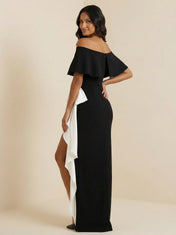 Black & White Off-Shoulder Crepe Sheath Gown with Contrast Ruffle Overlay & High Slit