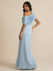 Off-Shoulder Draped Sheath Evening Gown with Asymmetric Wrap Neckline