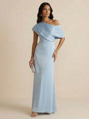 Off-Shoulder Draped Sheath Evening Gown with Asymmetric Wrap Neckline