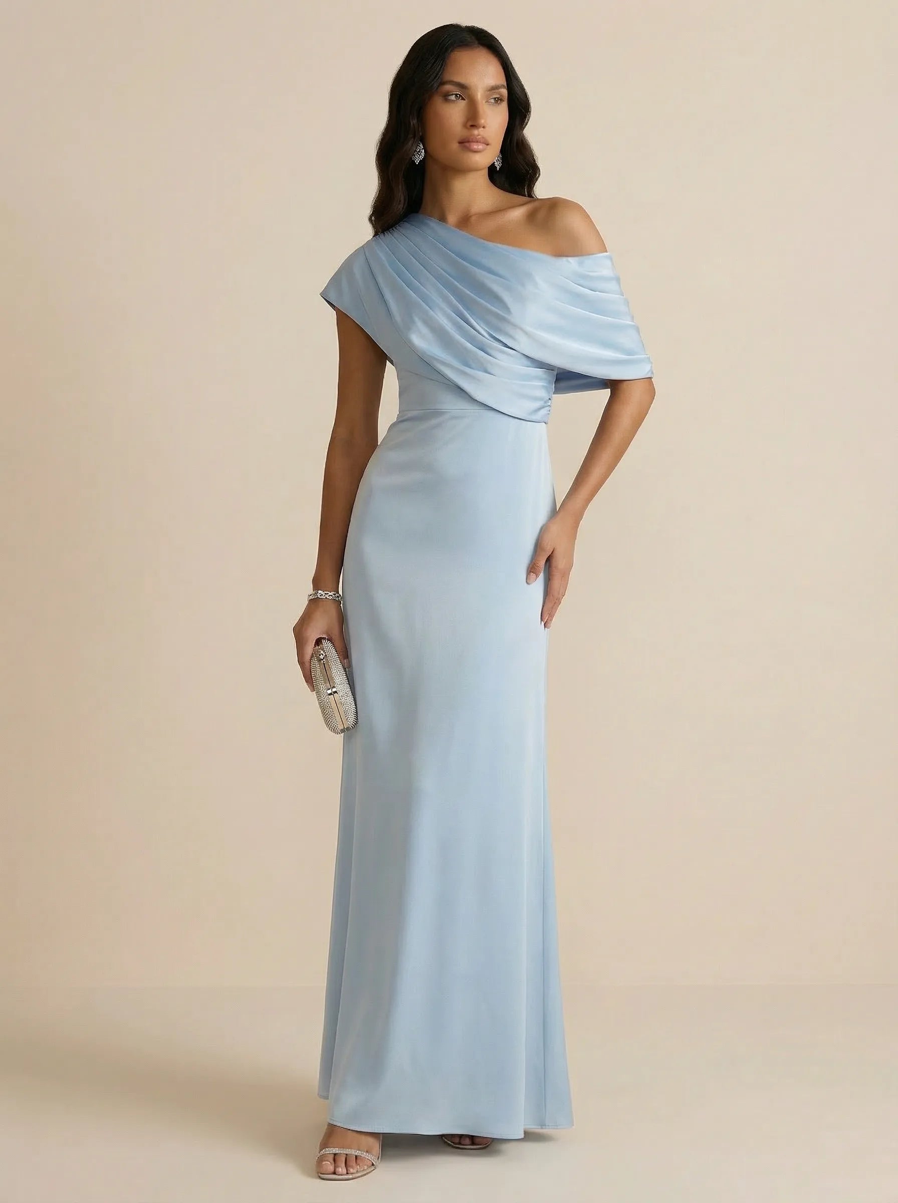 Off-Shoulder Draped Sheath Evening Gown with Asymmetric Wrap Neckline