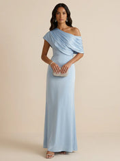 Off-Shoulder Draped Sheath Evening Gown with Asymmetric Wrap Neckline