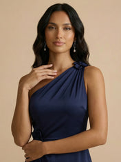 Navy Blue One-Shoulder Satin Sheath Gown with Floral Rosette Accent & Ruffle High-Slit
