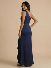 Navy Blue One-Shoulder Satin Sheath Gown with Floral Rosette Accent & Ruffle High-Slit