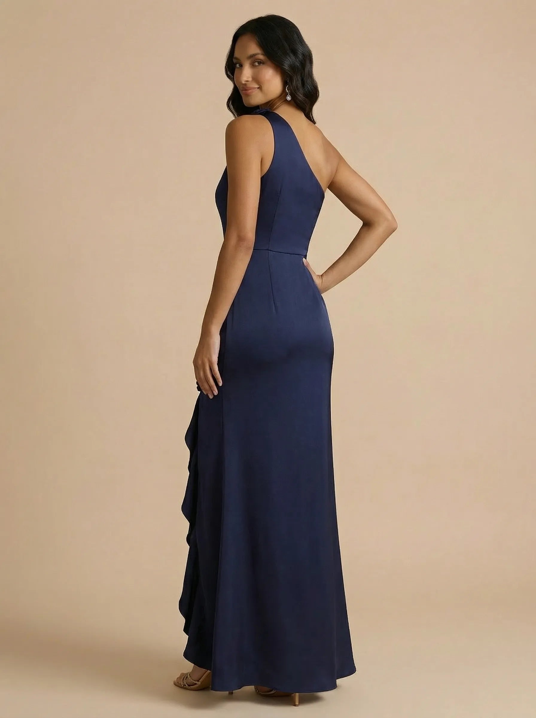 Navy Blue One-Shoulder Satin Sheath Gown with Floral Rosette Accent & Ruffle High-Slit