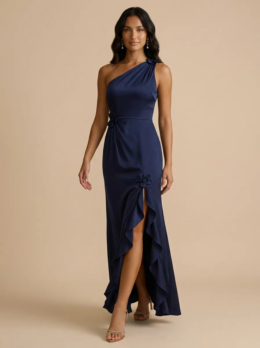 Navy Blue One-Shoulder Satin Sheath Gown with Floral Rosette Accent & Ruffle High-Slit
