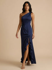Navy Blue One-Shoulder Satin Sheath Gown with Floral Rosette Accent & Ruffle High-Slit