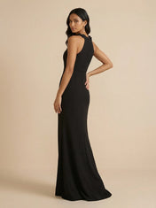 Black Halter Neck Column Evening Gown with 3D Floral Rosette Collar Detail