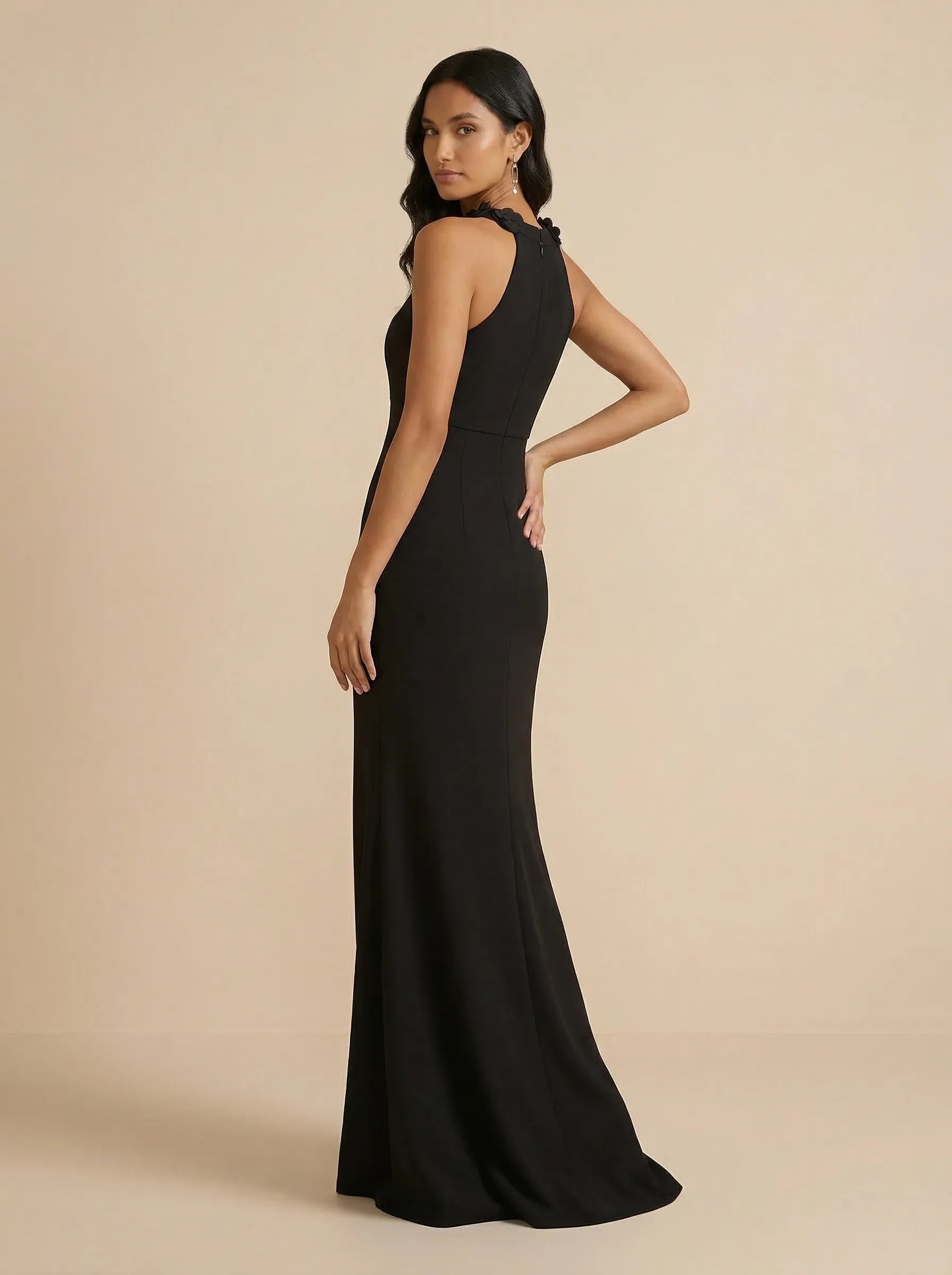 Black Halter Neck Column Evening Gown with 3D Floral Rosette Collar Detail