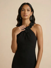 Black Halter Neck Column Evening Gown with 3D Floral Rosette Collar Detail