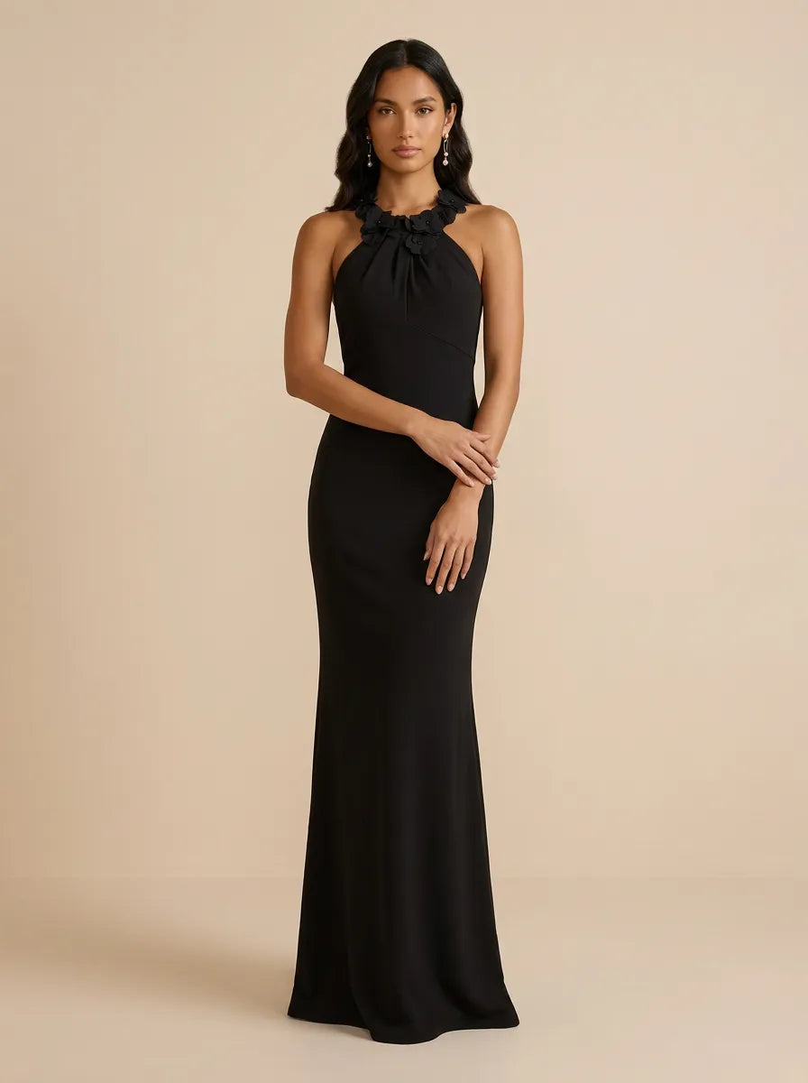 Black Halter Neck Column Evening Gown with 3D Floral Rosette Collar Detail