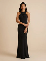 Black Halter Neck Column Evening Gown with 3D Floral Rosette Collar Detail