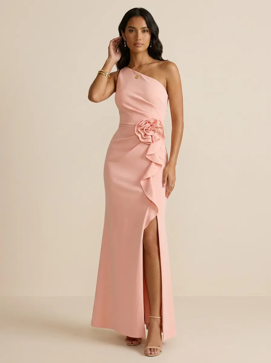 Dusty Rose One-Shoulder Crepe Evening Gown with 3D Rosette & Ruffle Side Slit