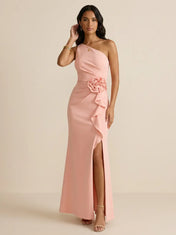 Dusty Rose One-Shoulder Crepe Evening Gown with 3D Rosette & Ruffle Side Slit