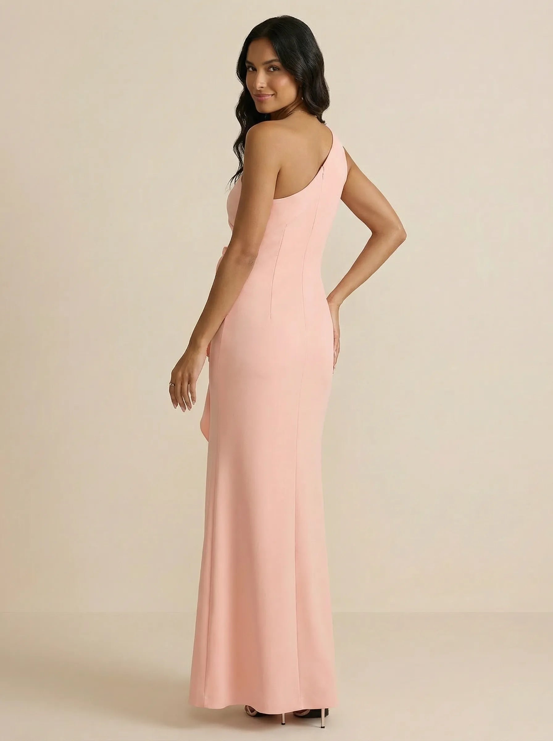 Dusty Rose One-Shoulder Crepe Evening Gown with 3D Rosette & Ruffle Side Slit