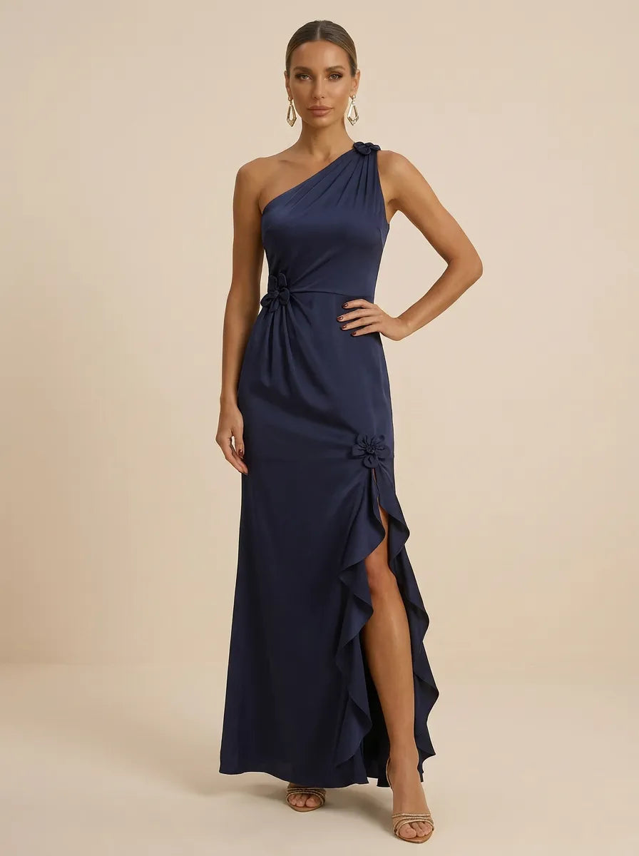 Navy Blue One-Shoulder Satin Sheath Evening Gown with 3D Floral Rosette & Cascading Ruffle High Slit