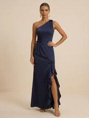 Navy Blue One-Shoulder Satin Sheath Evening Gown with 3D Floral Rosette & Cascading Ruffle High Slit