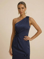 Navy Blue One-Shoulder Satin Sheath Evening Gown with 3D Floral Rosette & Cascading Ruffle High Slit