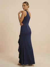 Navy Blue One-Shoulder Satin Sheath Evening Gown with 3D Floral Rosette & Cascading Ruffle High Slit