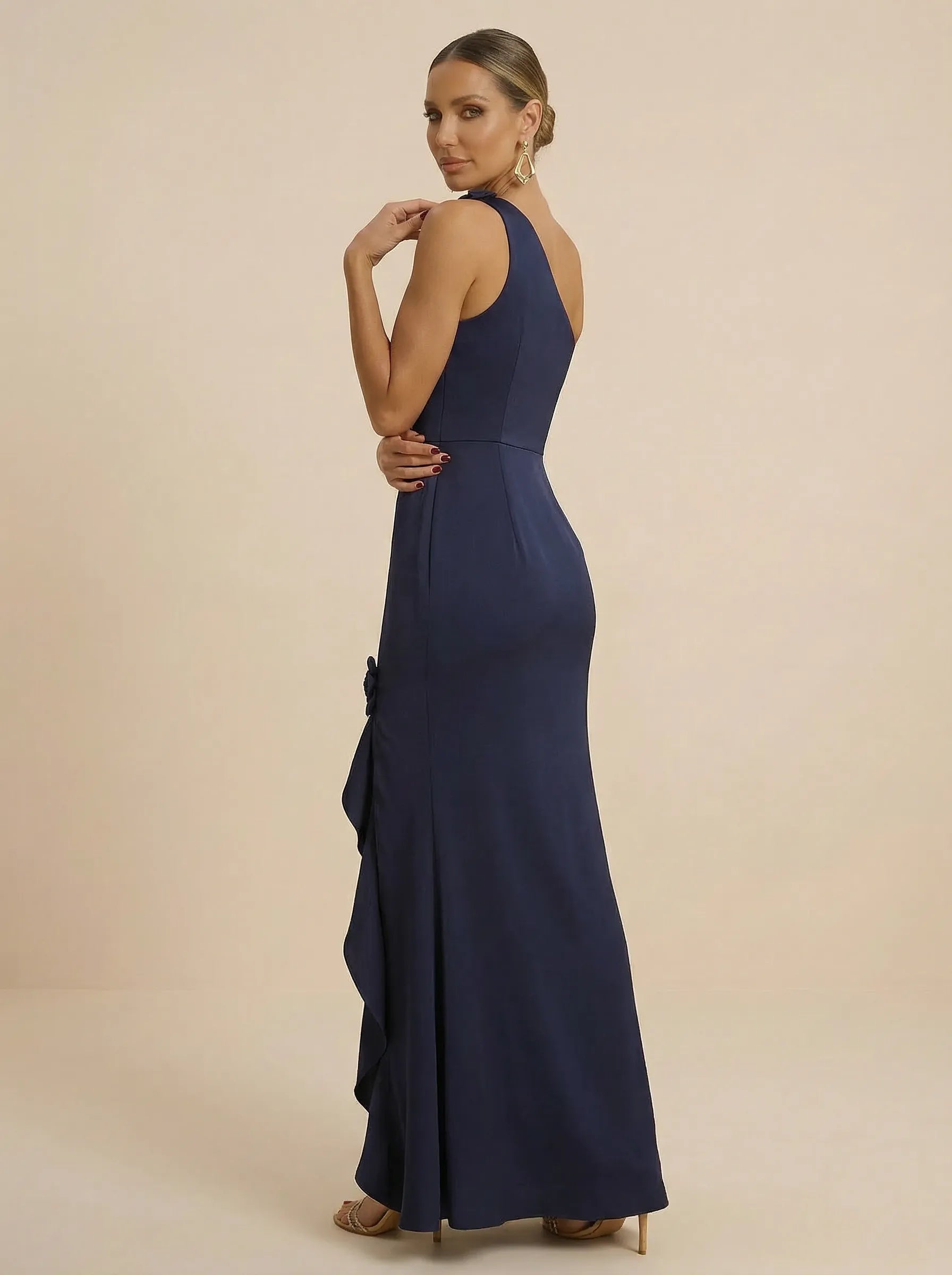 Navy Blue One-Shoulder Satin Sheath Evening Gown with 3D Floral Rosette & Cascading Ruffle High Slit