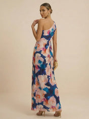 Watercolor Floral One-Shoulder Pleated Column Evening Dress