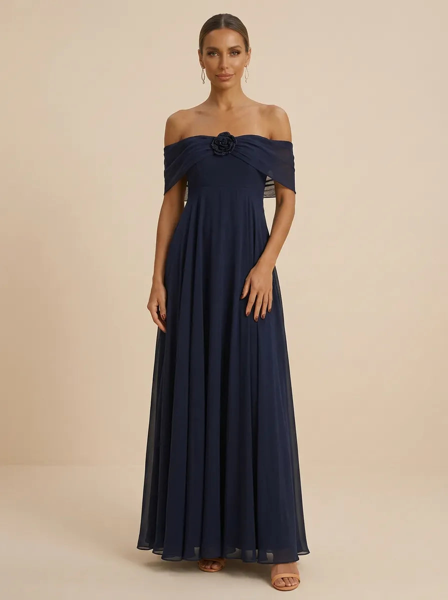 Navy Blue Off-the-Shoulder Chiffon A-Line Evening Gown with Floral Rosette Detail