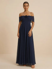 Navy Blue Off-the-Shoulder Chiffon A-Line Evening Gown with Floral Rosette Detail