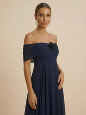 Navy Blue Off-the-Shoulder Chiffon A-Line Evening Gown with Floral Rosette Detail