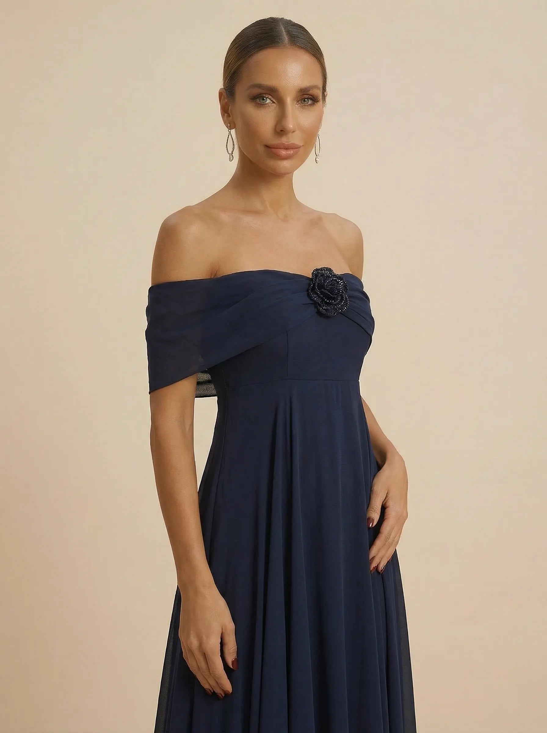 Navy Blue Off-the-Shoulder Chiffon A-Line Evening Gown with Floral Rosette Detail