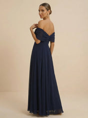 Navy Blue Off-the-Shoulder Chiffon A-Line Evening Gown with Floral Rosette Detail