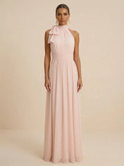 Blush Pink Halter Neck A-Line Chiffon Evening Gown with Shoulder Bow & Ruched Waist